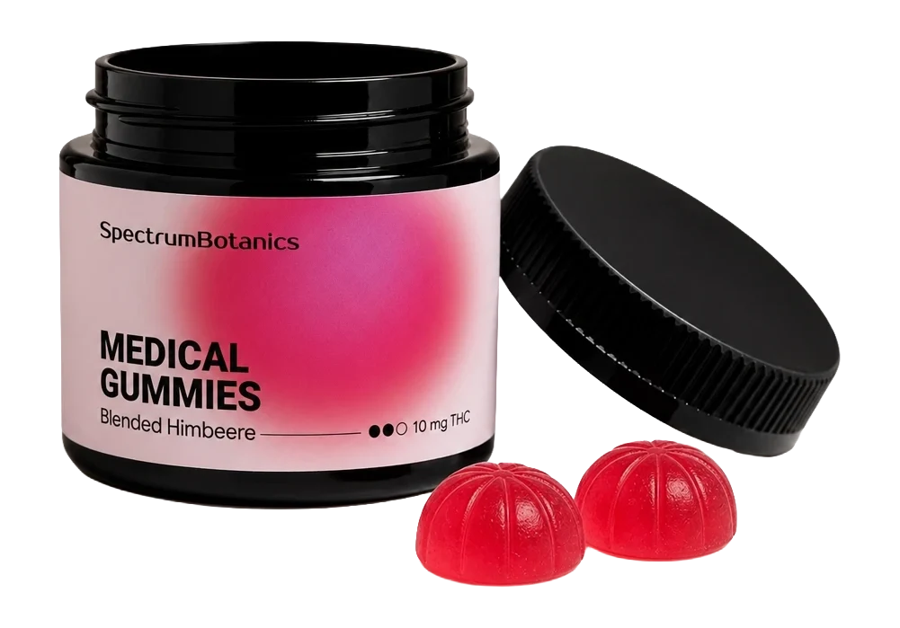 KI-generiertes Bild: SpectrumBotanics Medical Gummies Blended Himbeere 10 mg THC – Dose mit Gummies