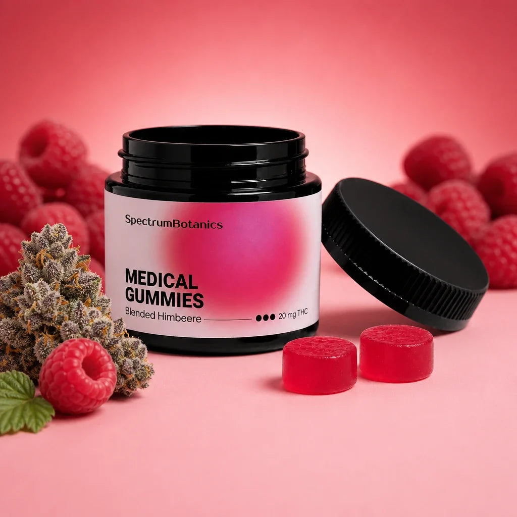 KI-generiertes Bild: SpectrumBotanics Medical Gummies Blended Himbeere 20 mg THC – Moodbild mit Himbeeren