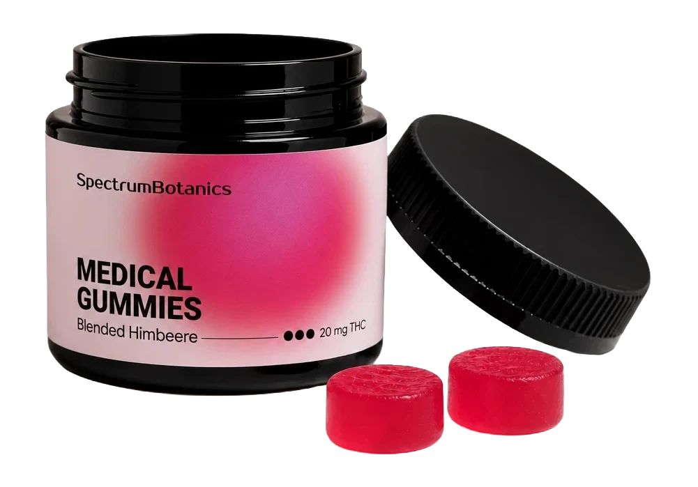 KI-generiertes Bild: SpectrumBotanics Medical Gummies Blended Himbeere 20 mg THC – Dose mit Gummies