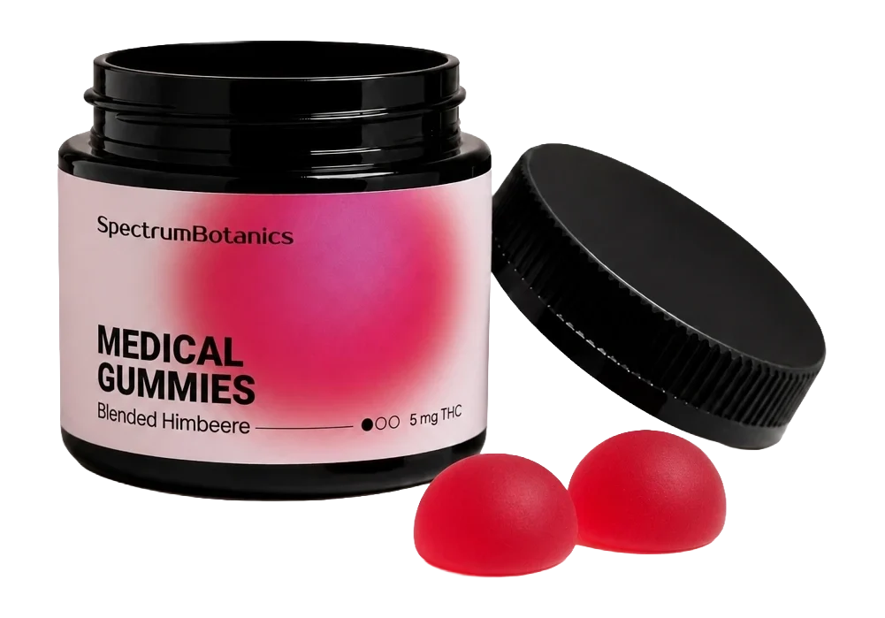 KI-generiertes Bild: SpectrumBotanics Medical Gummies Blended Himbeere 5 mg THC – Dose mit Gummies