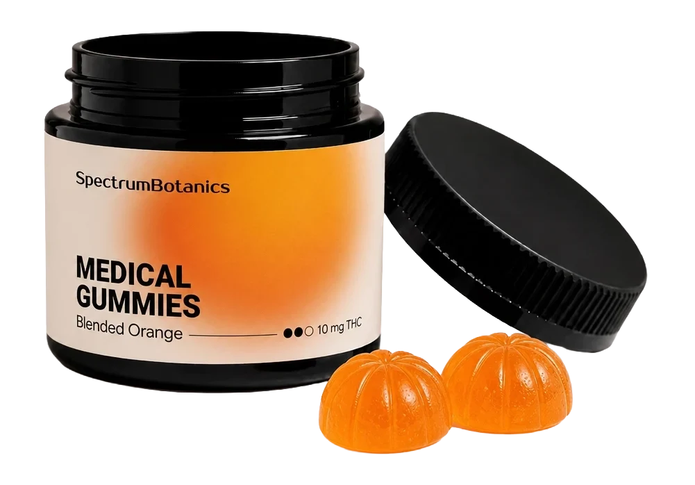 KI-generiertes Bild: SpectrumBotanics Medical Gummies Blended Orange 10 mg THC – Dose mit Gummies