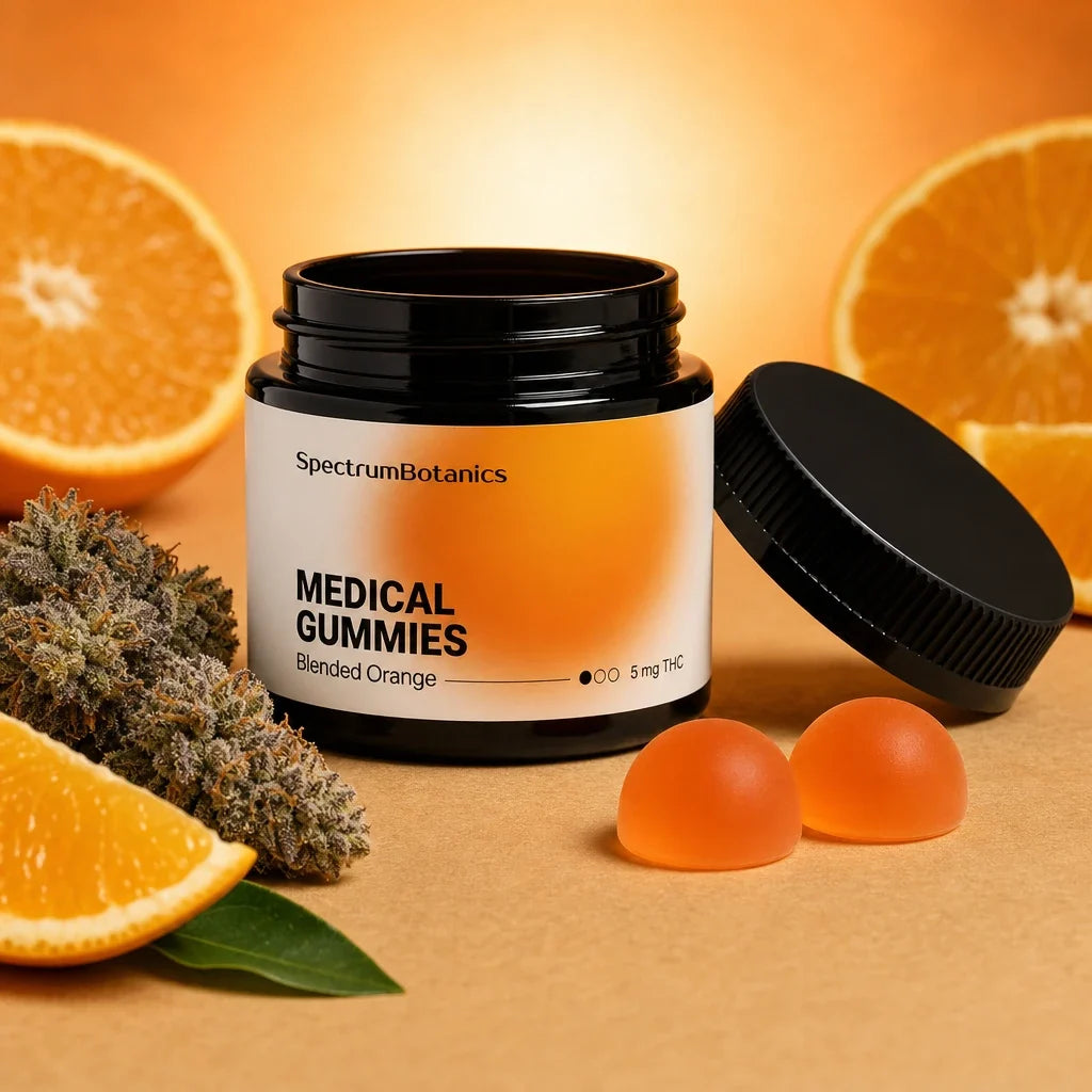 KI-generiertes Bild: SpectrumBotanics Medical Gummies Blended Orange 5 mg THC – Moodbild mit Orangen