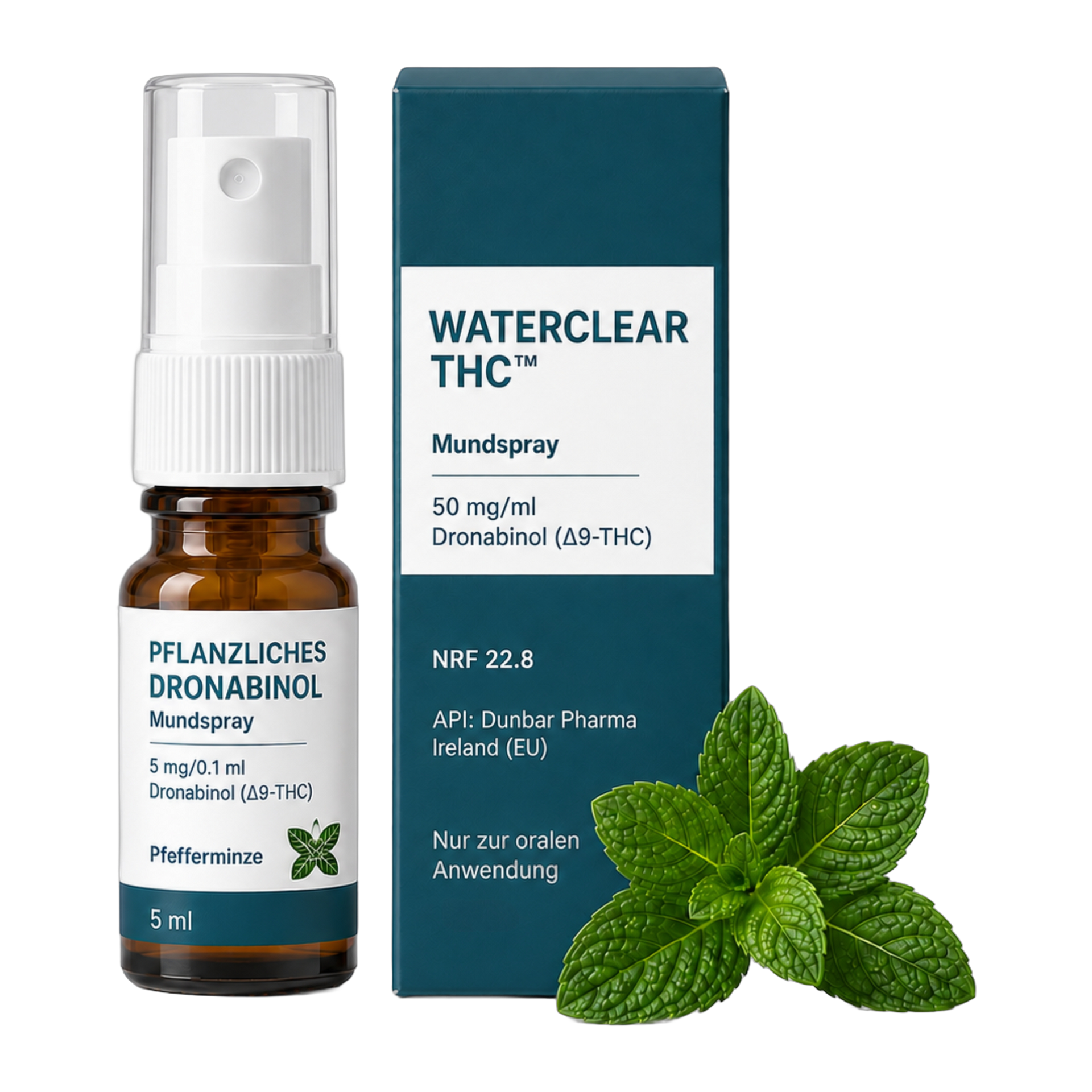 WaterClear THC Mundspray Pfefferminze 50 mg/ml Dronabinol, 5 ml – Flasche und Faltschachtel
