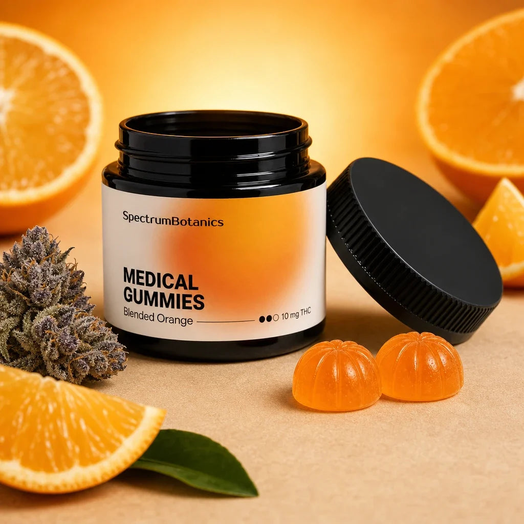 KI-generiertes Bild: SpectrumBotanics Medical Gummies Blended Orange 10 mg THC – Moodbild mit Orangen