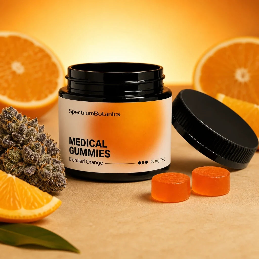 KI-generiertes Bild: SpectrumBotanics Medical Gummies Blended Orange 20 mg THC – Moodbild mit Orangen