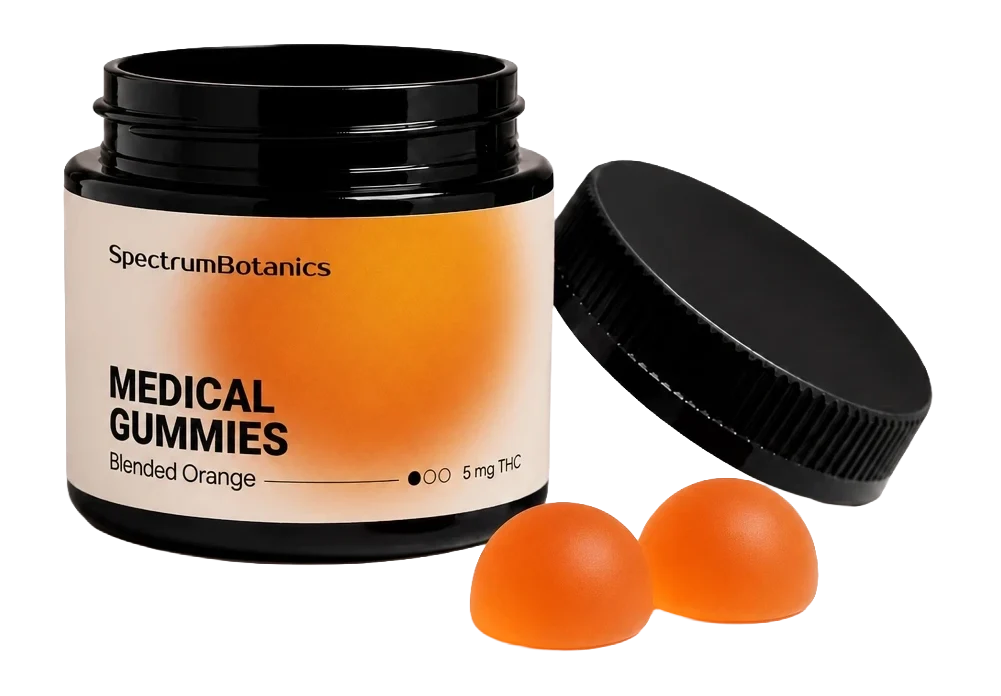 KI-generiertes Bild: SpectrumBotanics Medical Gummies Blended Orange 5 mg THC – Dose mit Gummies